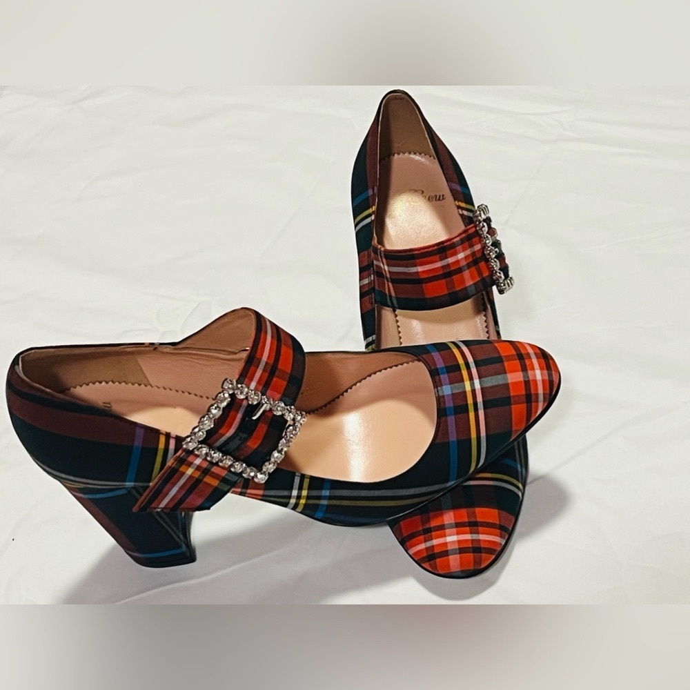 J.CREW WOMEN’S MARY JANE HEELS. PLAID MULTI COLOR, SIZE: 9